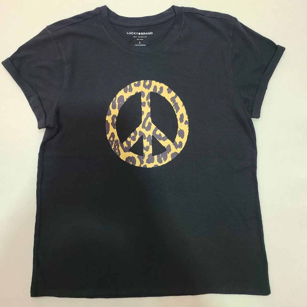 Lucky Brand Los Angeles Size XL Peace Symbol Cheta Print on Black T-Shirt